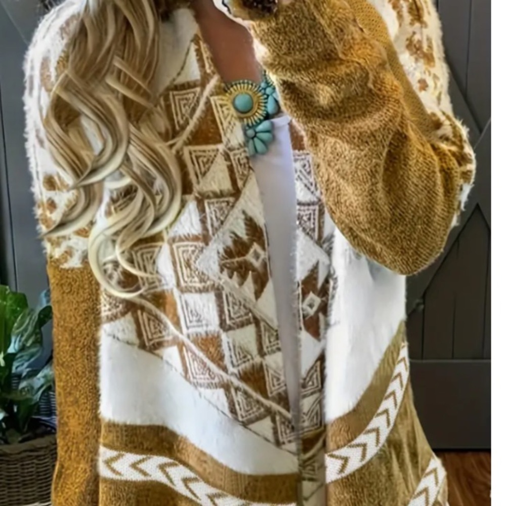 Boho Fringe Open-Front Cardigan Sweater in Camel and Cream